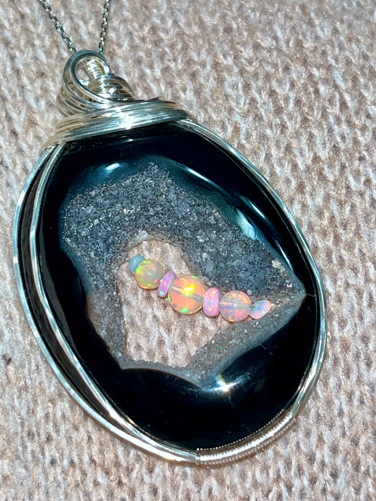 Black Agate Geode and Opal Sterling Silver Necklace