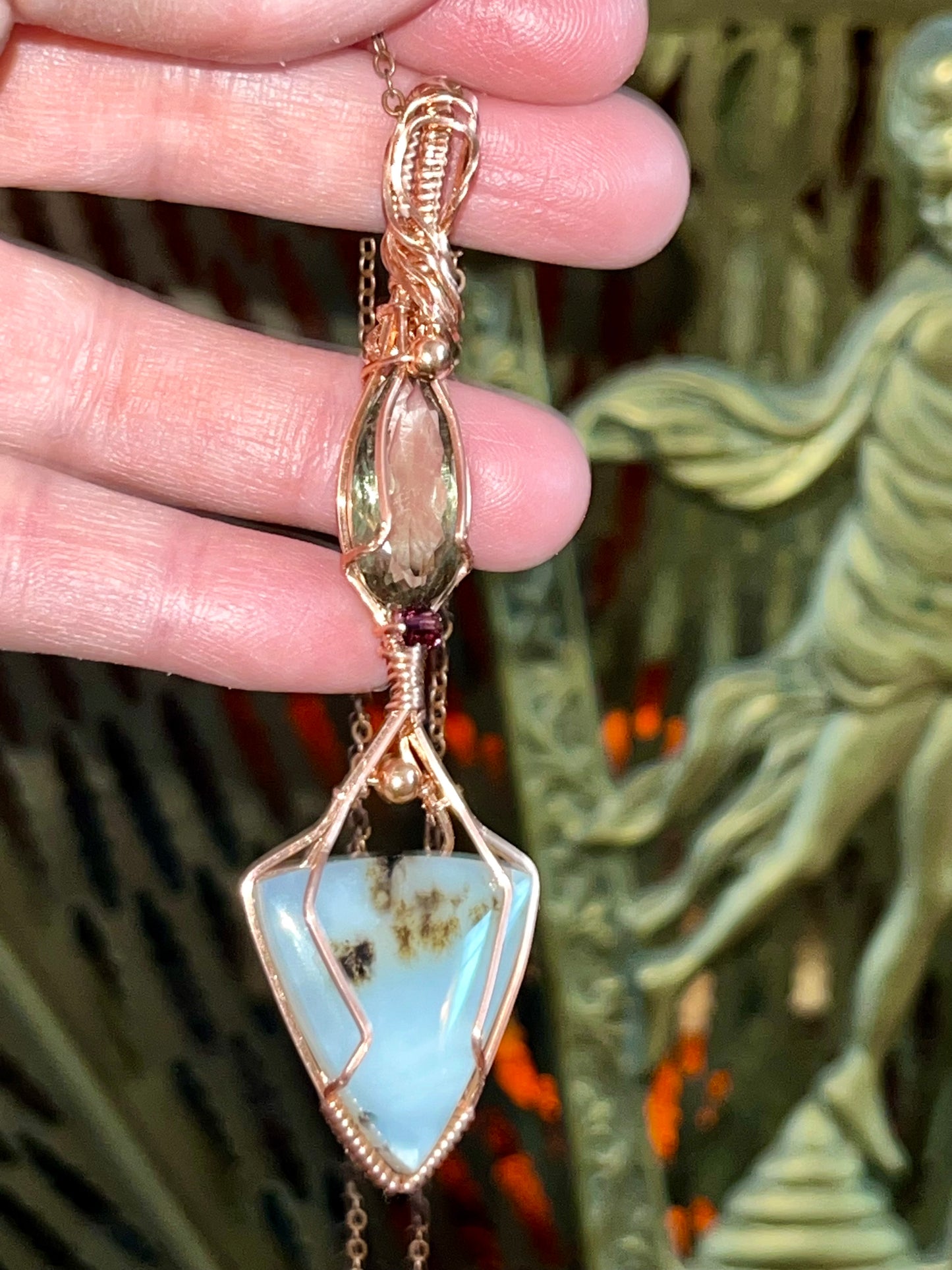 Prasiolite and Dendritic Agate Double Copper Pendant