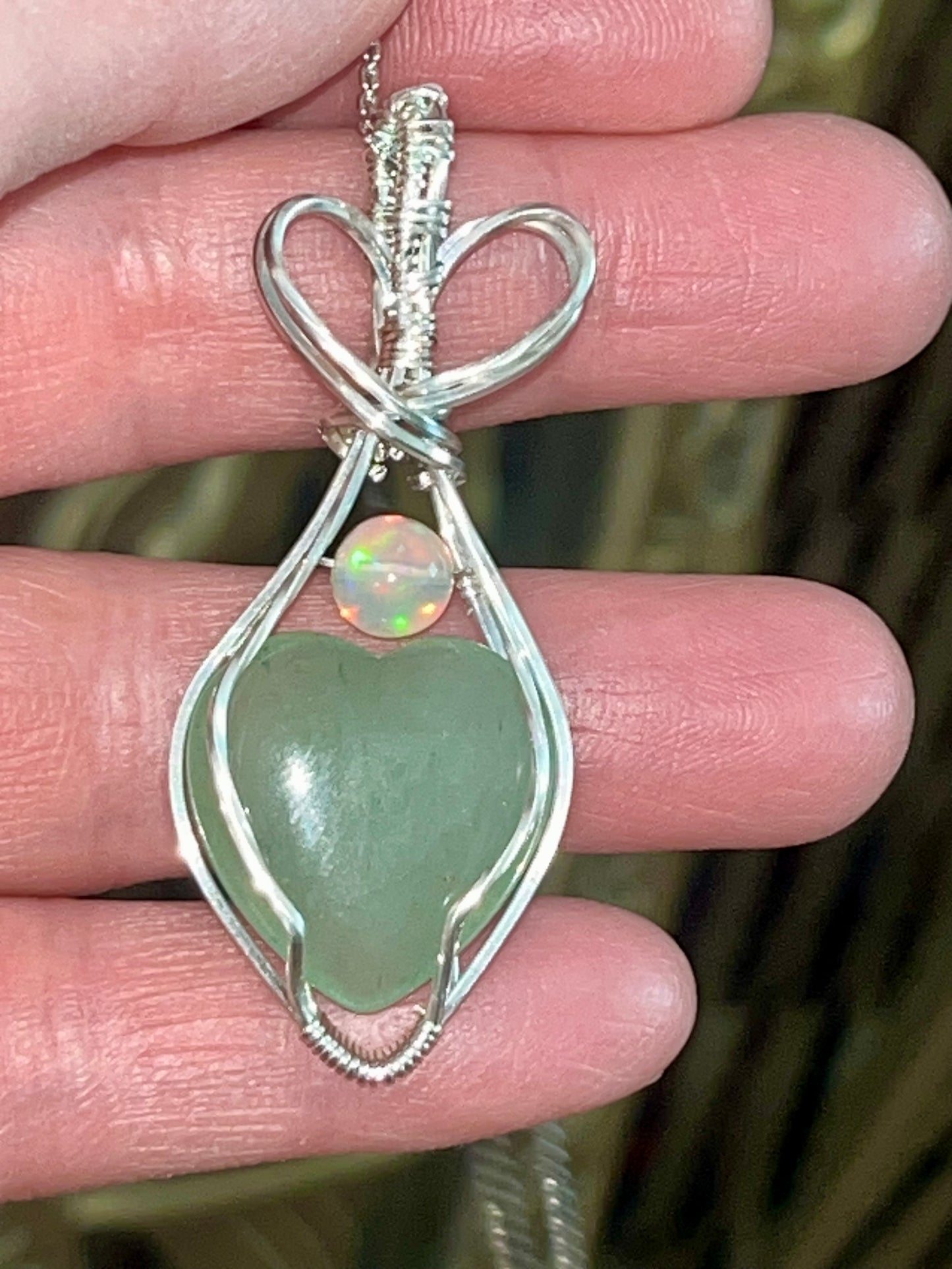 Jade Heart and Opal Sterling Silver Necklace