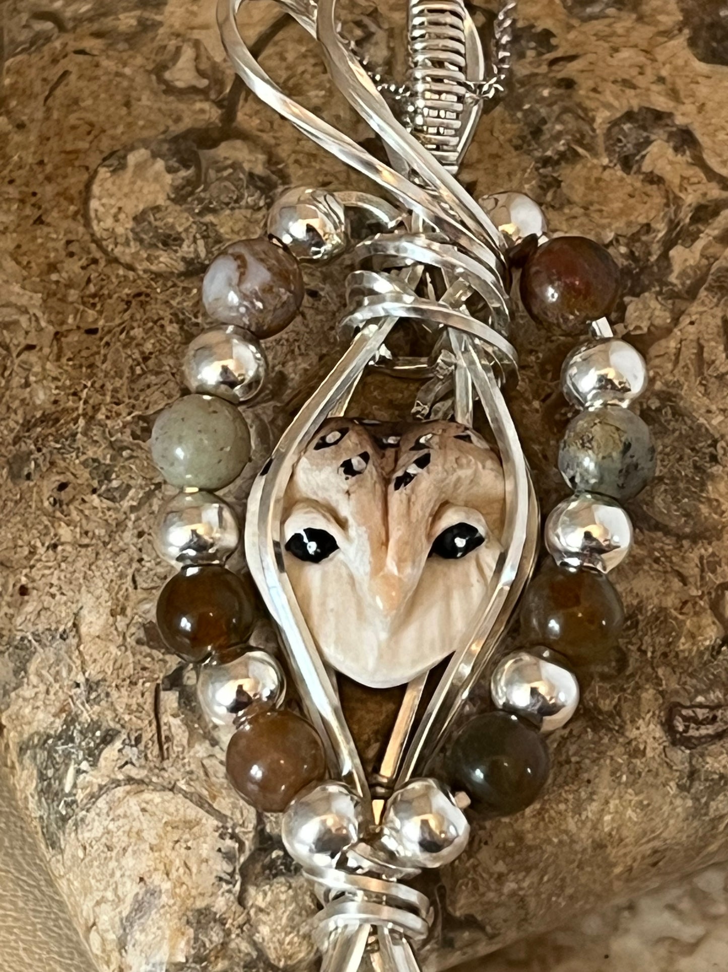Scenic Moss Agate & Barn Owl Necklace – Sterling Silver Accents on Italian Chain