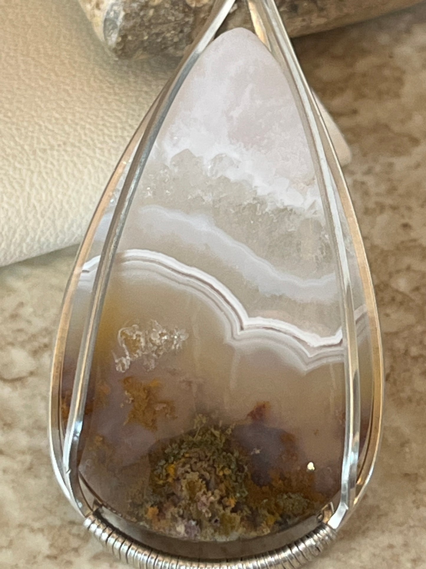 Scenic Moss Agate & Barn Owl Necklace – Sterling Silver Accents on Italian Chain
