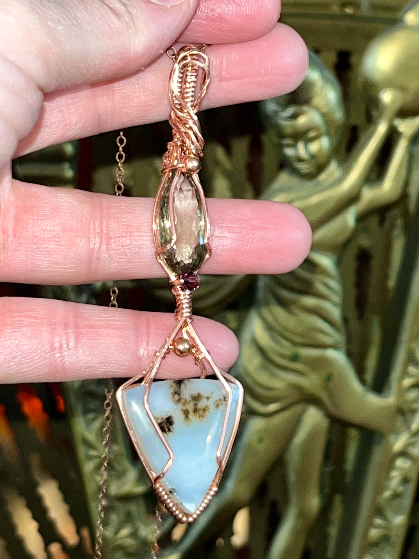 Prasiolite and Dendritic Agate Double Copper Pendant