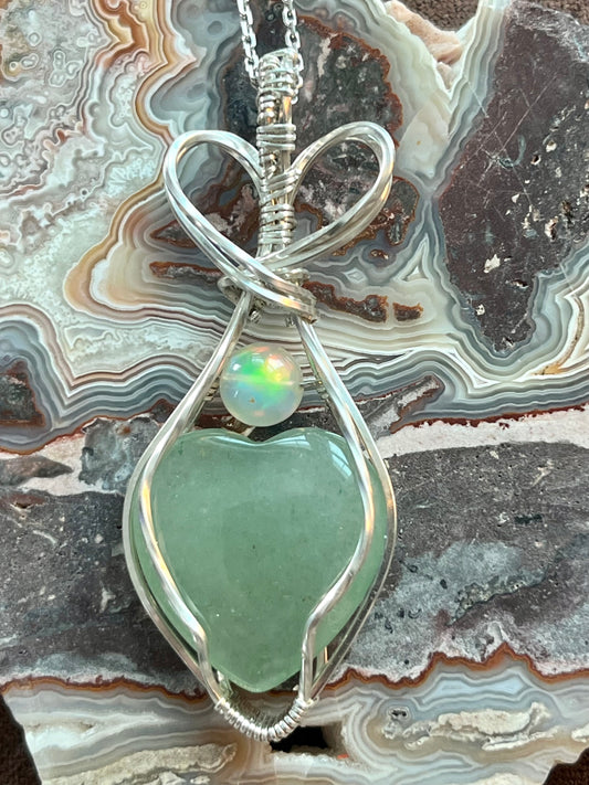 Jade Heart and Opal Sterling Silver Necklace
