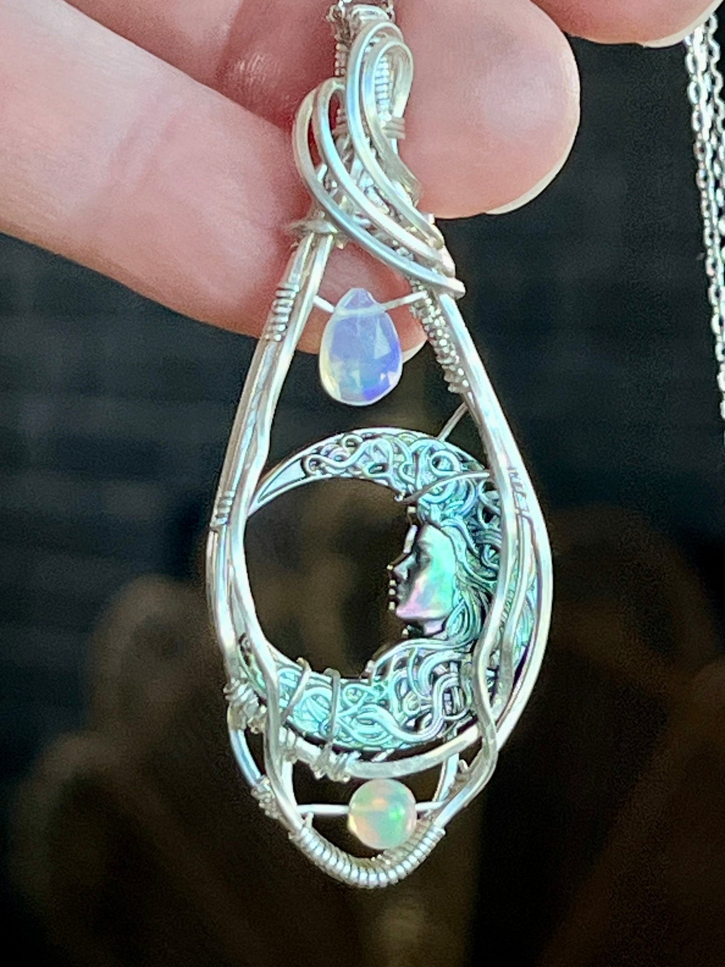 Mother of Pearl Moon Goddess and Opal Sterling Silver Necklace