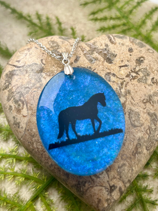 Horse Silhouette Resin Necklace with Sterling Silver Bale